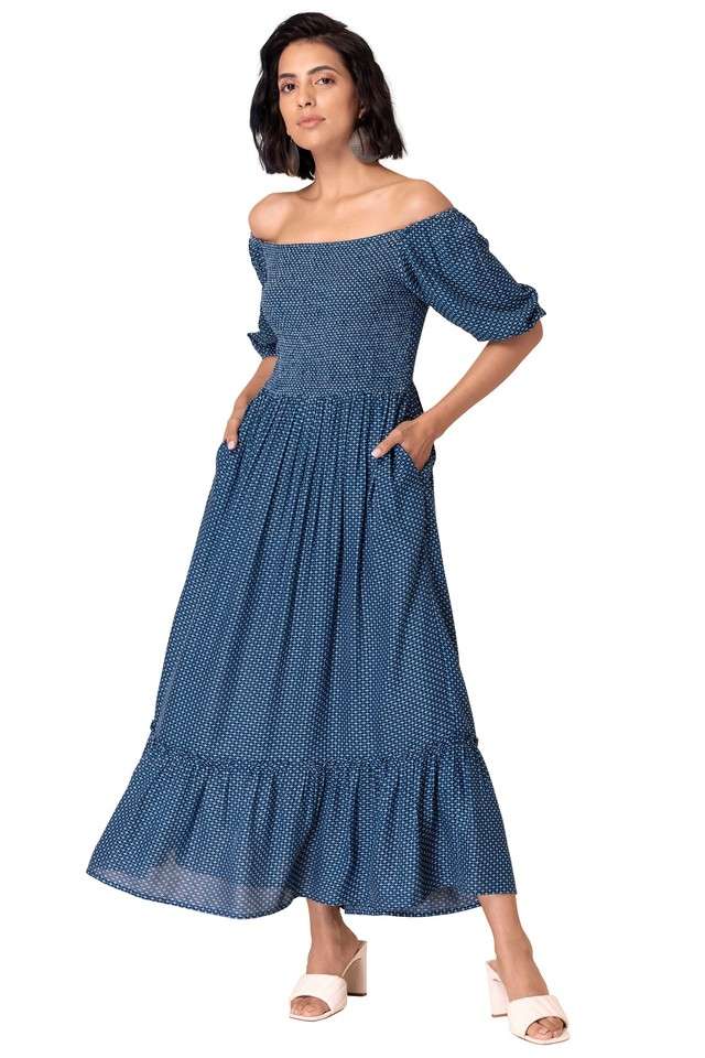 Buy Indya blue Geometric Print Viscose Off Shoulder Women's Maxi Dress |  Shoppers Stop