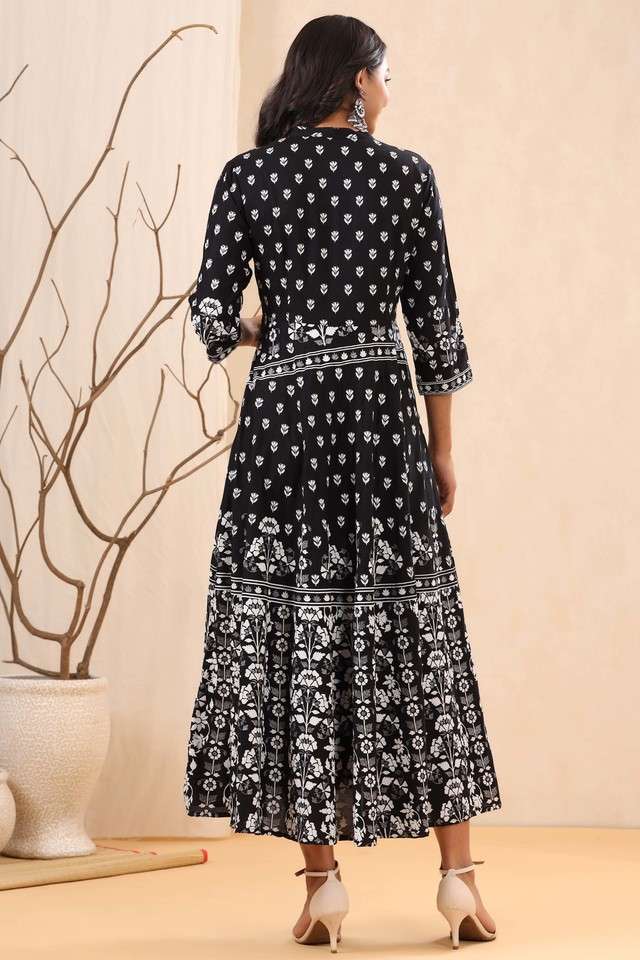 chinese dress ladies Black Geometric Printed Chiffon Tiered Maxi Dress with Buttons Juniper  Fashion