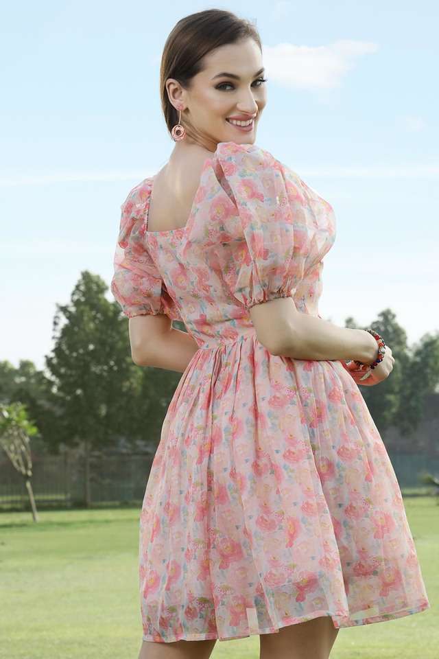 Buy Sera Pink Floral Polyester Square Neck Women's Dress