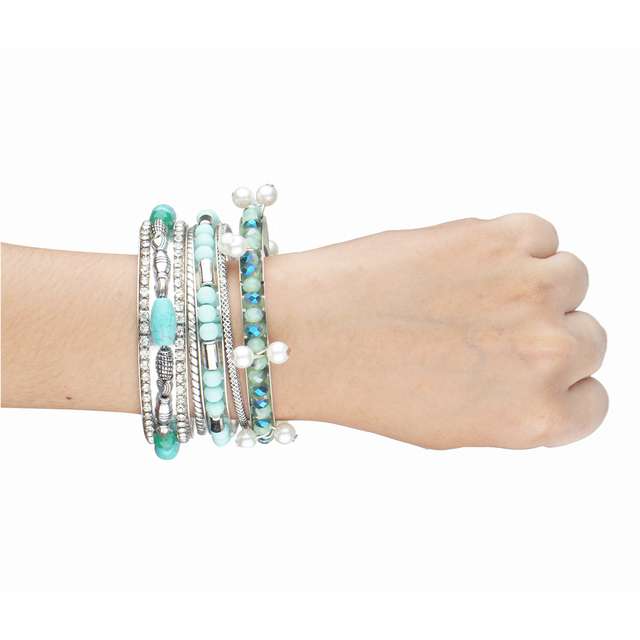 Set-Of-Silver-Bangles-With-Turquoise-Beads-And-Stones