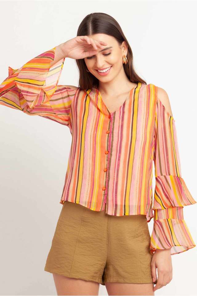 Stripes Polyester V-Neck Women Top-image-40