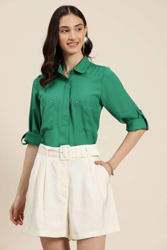 qurvii Solid Collared Blended Fabric Women Casual Wear Shirt-picture-28