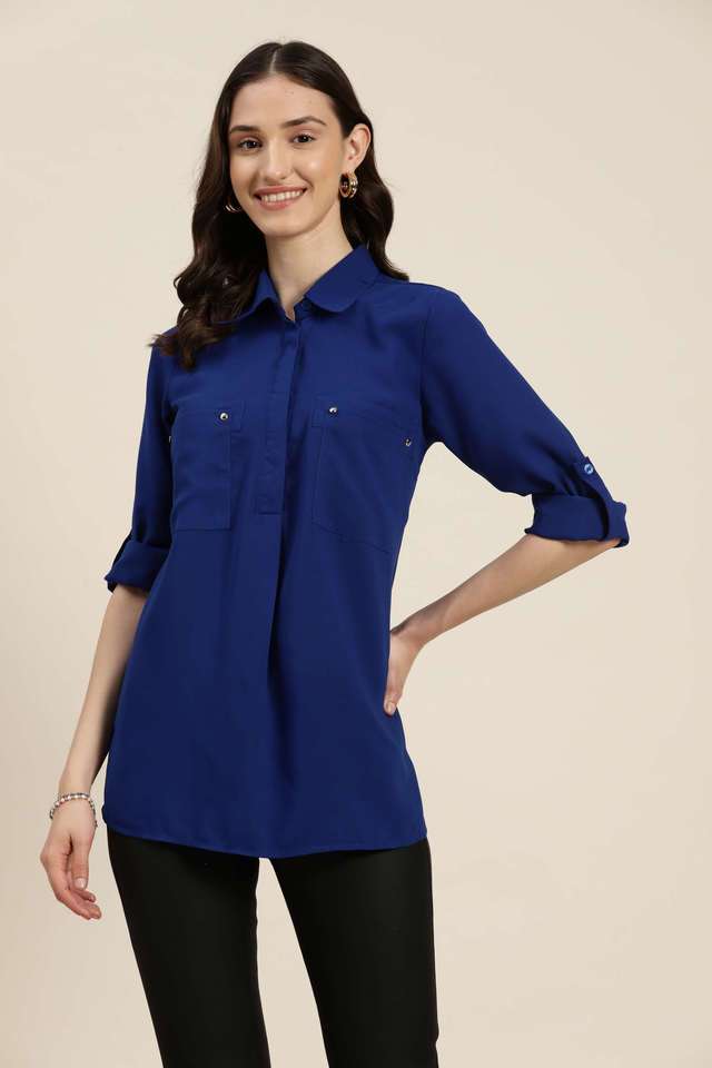 qurvii Solid Collared Blended Fabric Women Casual Wear Shirt-picture-29