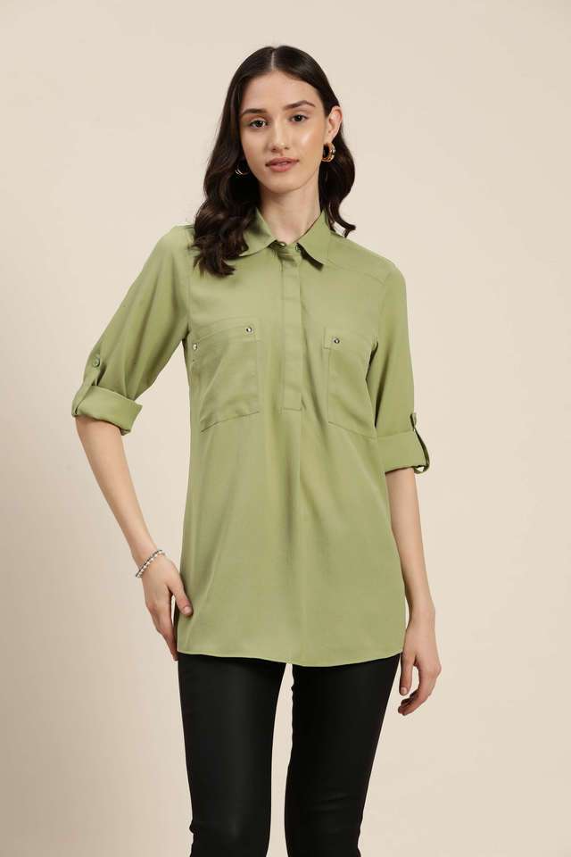 qurvii Solid Collared Blended Fabric Women Casual Wear Shirt-picture-33