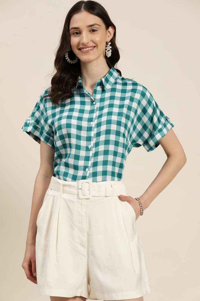 qurvii Checks Collared Crepe Women Casual Wear Shirt-picture-39