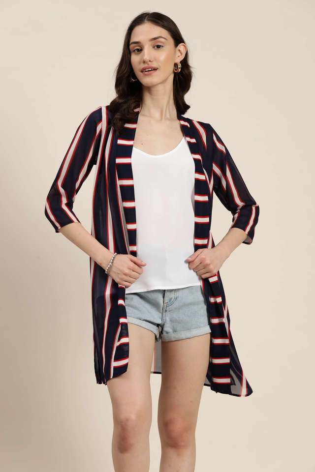 qurvii Stripes V Neck Georgette Women's Casual Wear Jackets-picture-12