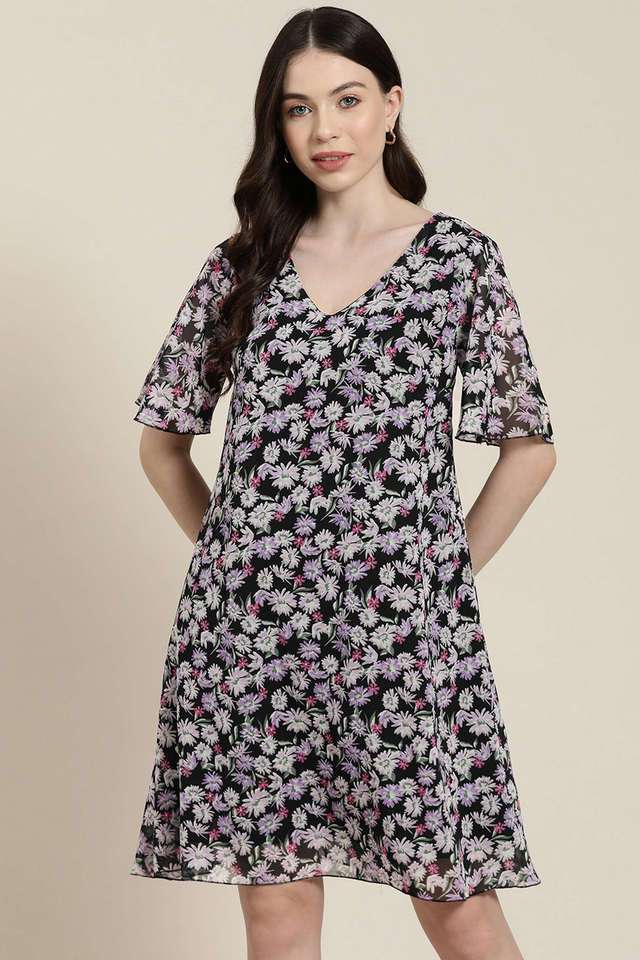 qurvii Floral V-Neck Georgette Women Dress-picture-14