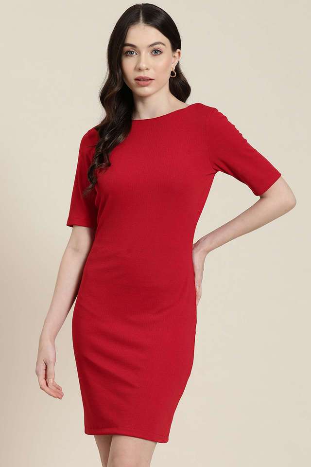 qurvii Solid Boat Neck Blended Fabric Women Dress-picture-11