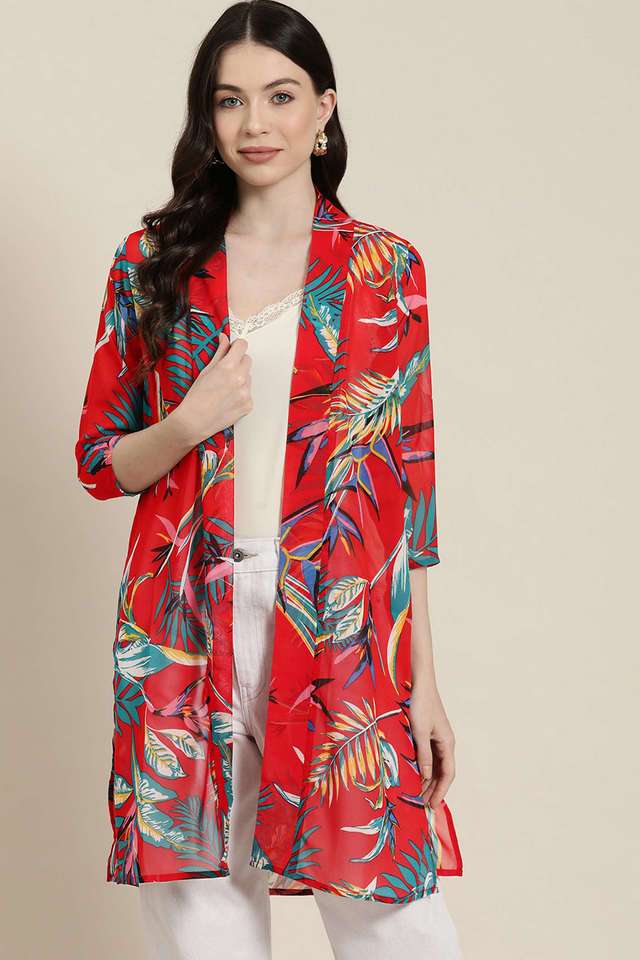 Tropical V Neck Georgette Women's Casual Wear Shrug-image-49