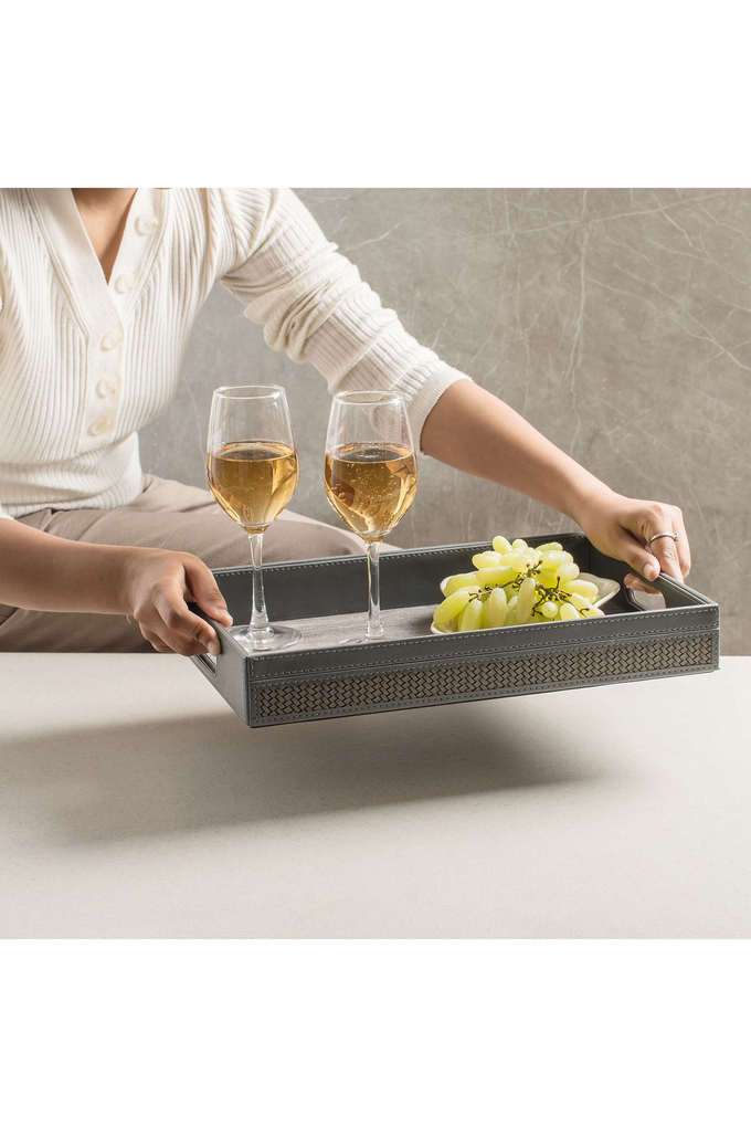 Leatherite-Large-Serving-Tray-Set-of-1 -Modern-Decorative-Serving-Trays-for-Kitchen-Dining-Room -Bed -Coffee-Table-D-cor---Grey