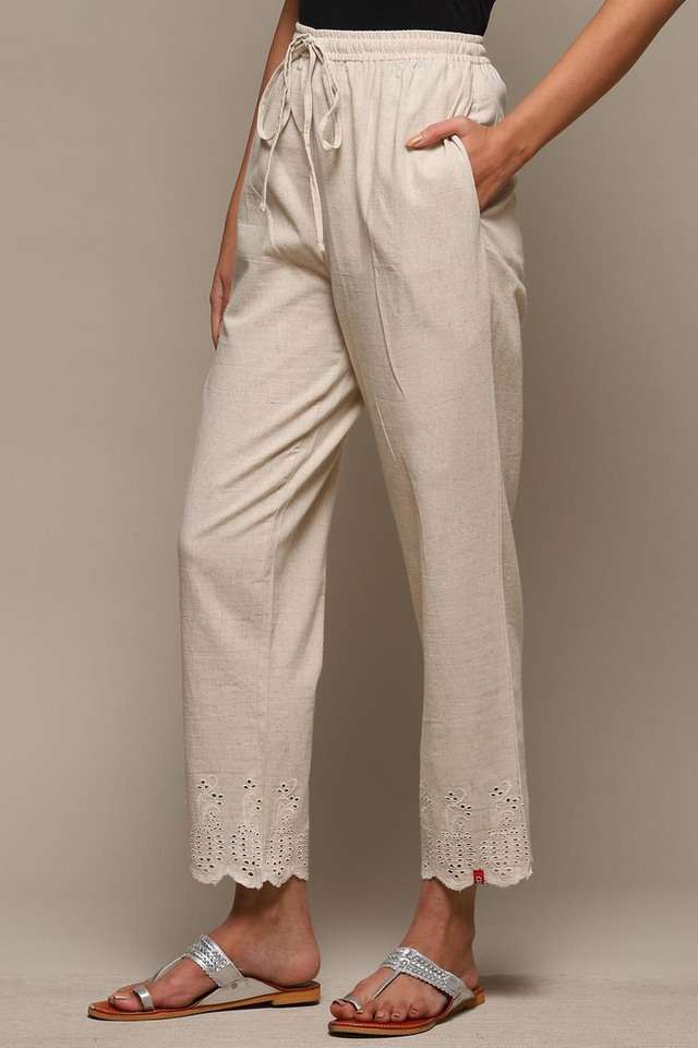 Solid-Ankle-Length-Cotton-Blend-Woven-Women-Pant