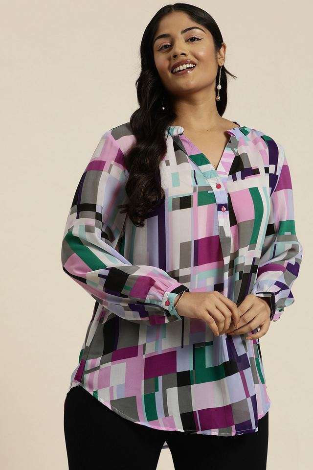 qurvii Abstract Georgette V-Neck Women Top-picture-14