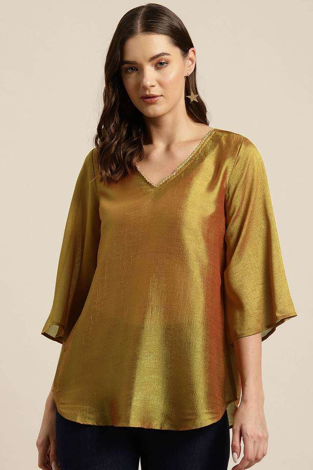 qurvii Solid Silk V-Neck Women Top-picture-11
