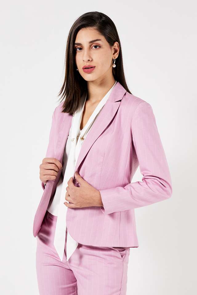 Stripes-Collared-Blended-Fabric-Women-s-Formal-Wear-Blazer