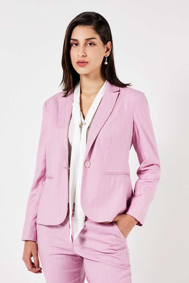 Stripes-Collared-Blended-Fabric-Women-s-Formal-Wear-Blazer