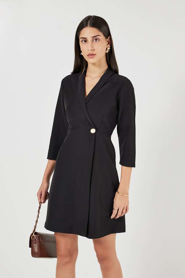 Solid-Collared-Polyester-Women-s-Dress