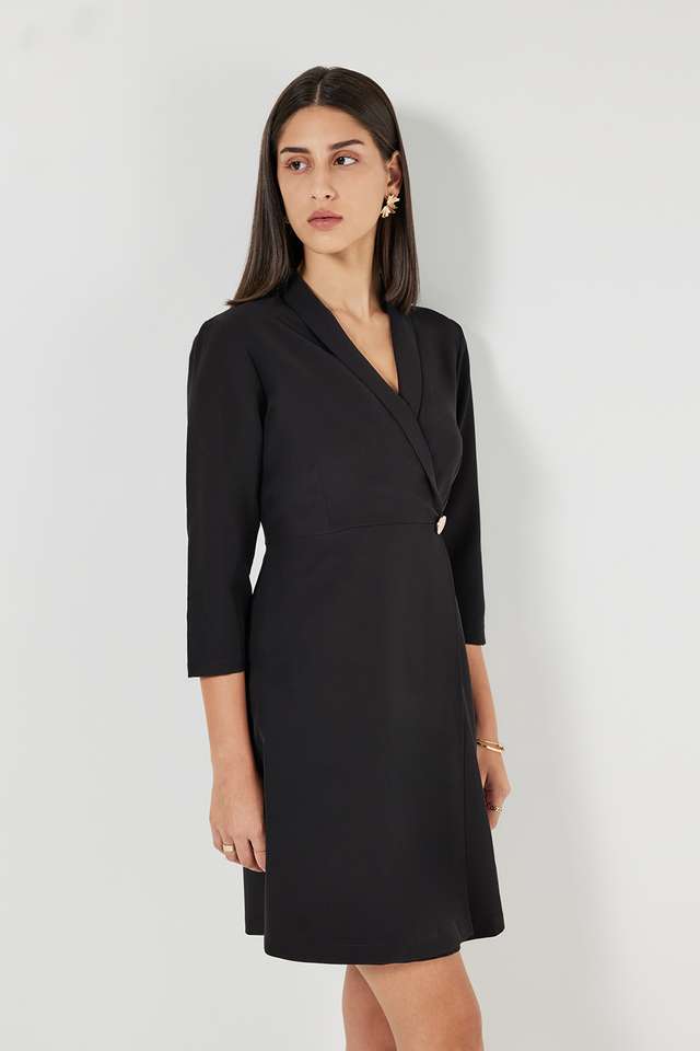 Solid-Collared-Polyester-Women-s-Dress