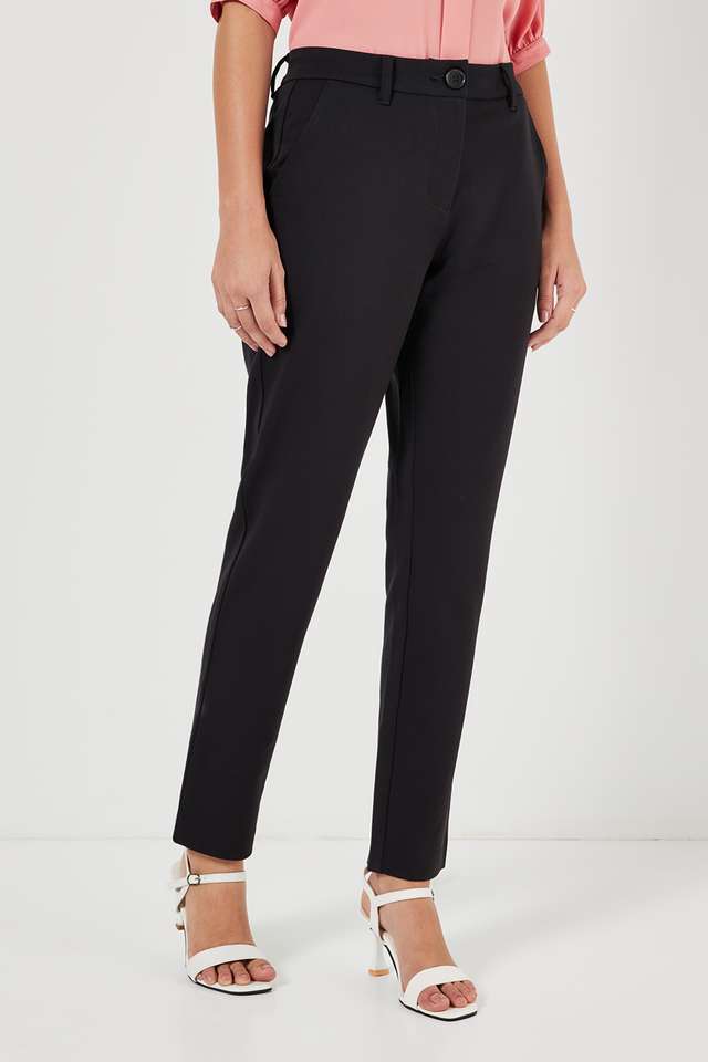 Solid-Tailored-Fit-Blended-Fabric-Women-s-Formal-Wear-Trousers