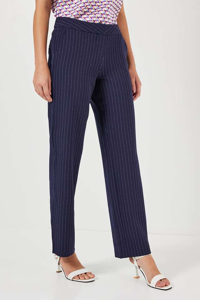 Stripes-Tailored-Fit-Blended-Fabric-Women-s-Formal-Wear-Trousers