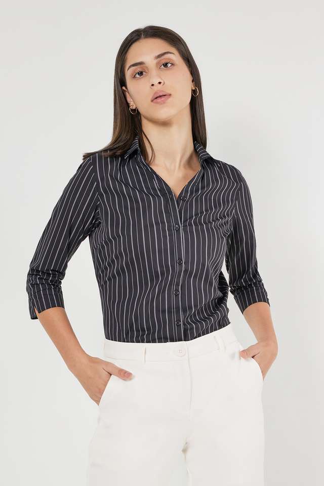 Stripes-Collared-Blended-Fabric-Women-s-Formal-Wear-Shirt