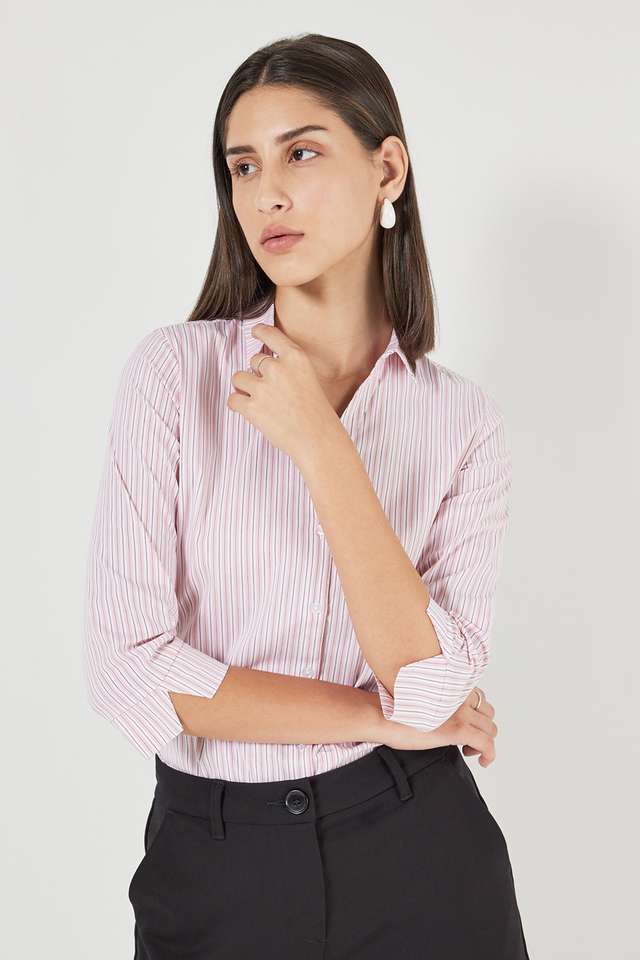 Stripes-Collared-Blended-Fabric-Women-s-Formal-Wear-Shirt