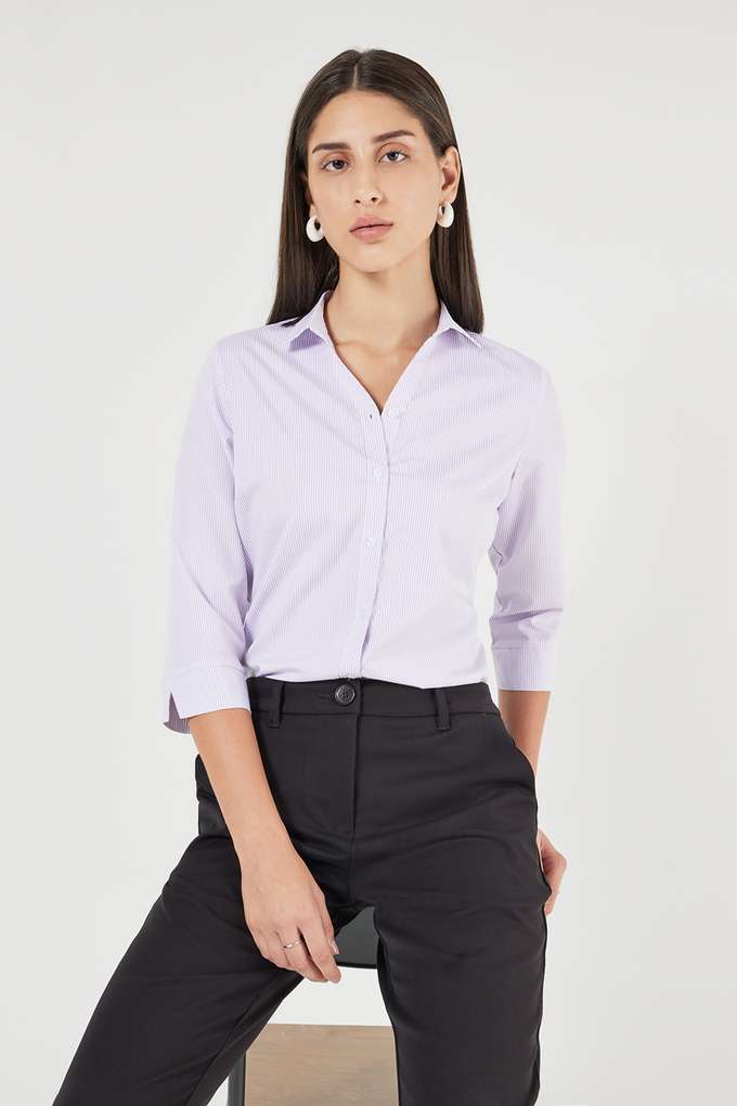 Stripes-Collared-Blended-Fabric-Women-s-Formal-Wear-Shirt