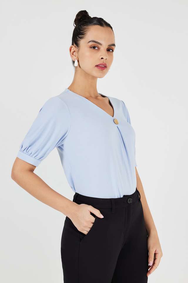 Solid-Blended-Fabric-V-Neck-Women-s-Top