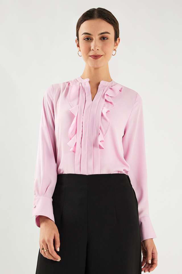 Solid-Polyester-Round-Neck-Women-s-Top