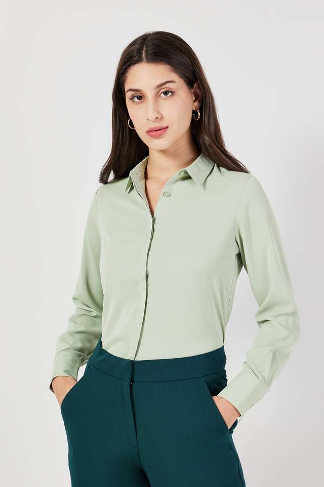 Solid-Polyester-Collared-Women-s-Top