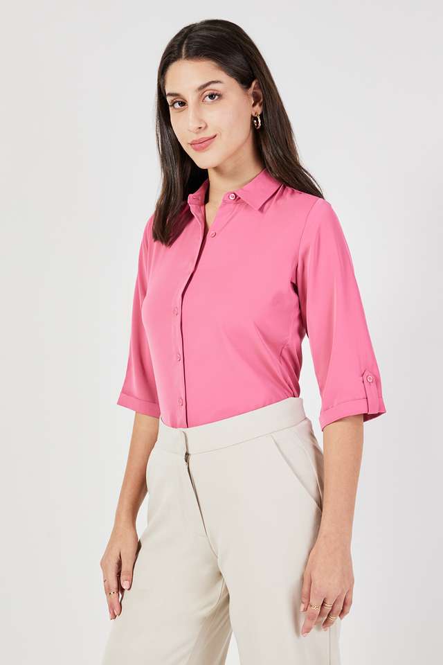 Solid-Polyester-Collared-Women-s-Top