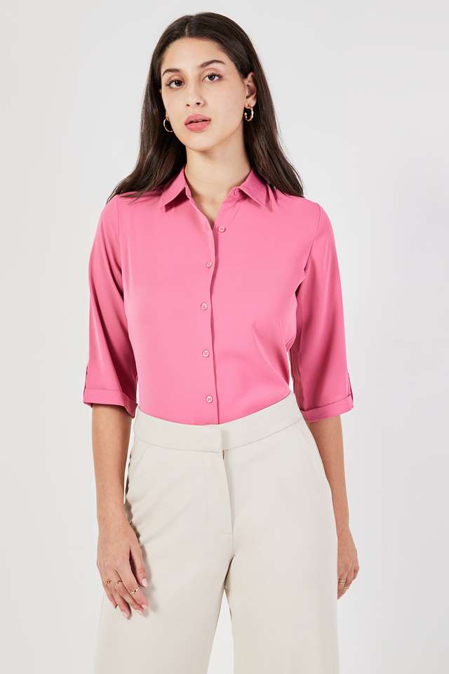 Solid-Polyester-Collared-Women-s-Top