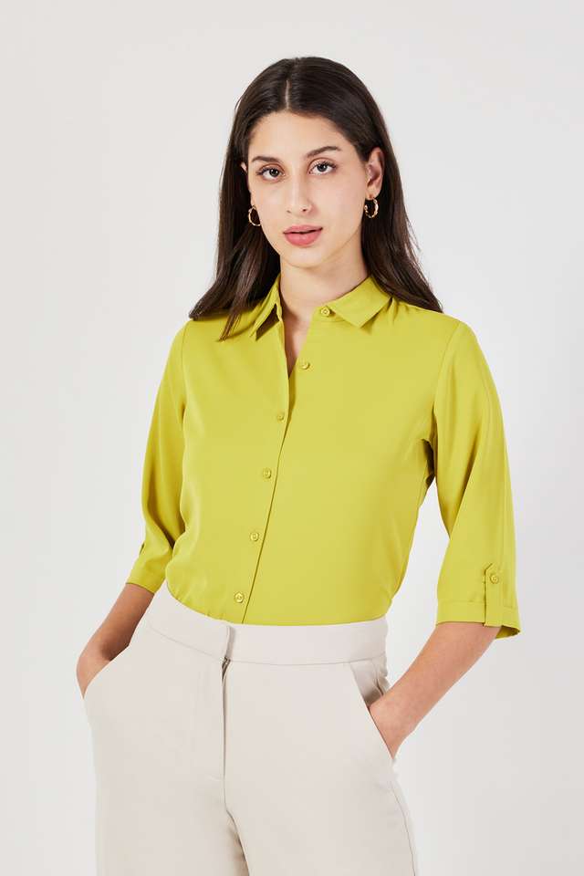 Solid-Polyester-Collared-Women-s-Top