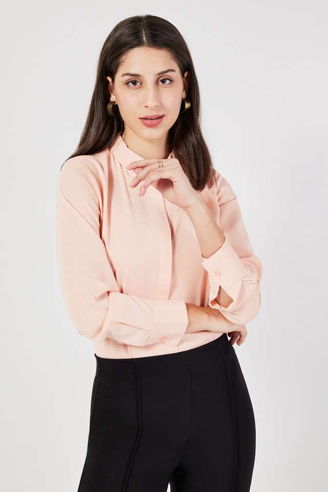 Solid-Polyester-Collared-Women-s-Top