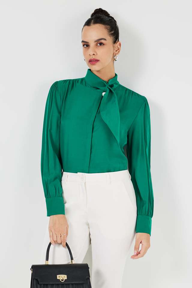 Solid-Blended-Fabric-Tie-Up-Neck-Women-s-Top