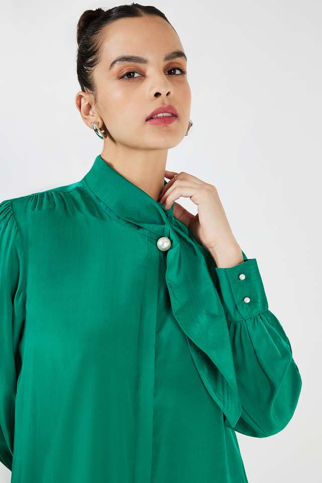 Solid-Blended-Fabric-Tie-Up-Neck-Women-s-Top