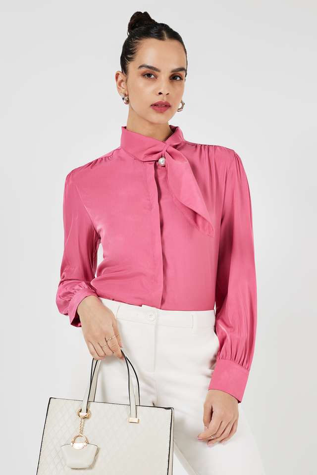 Solid-Blended-Fabric-Tie-Up-Neck-Women-s-Top