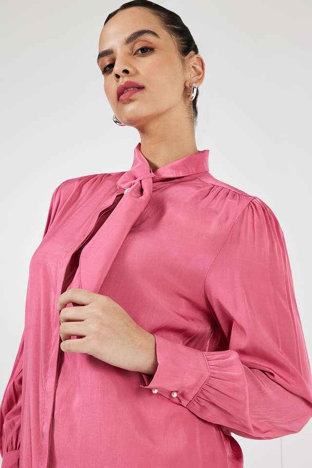 Solid-Blended-Fabric-Tie-Up-Neck-Women-s-Top