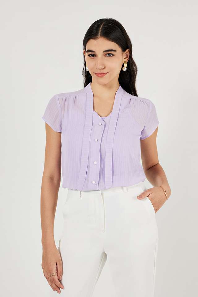 Solid-Polyester-Tie-Up-Neck-Women-s-Top