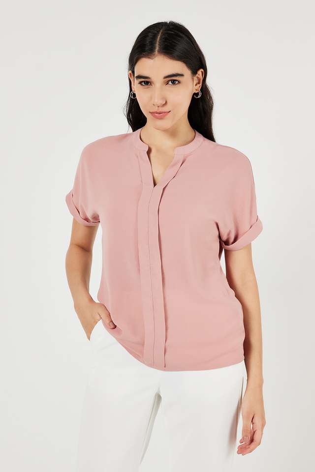 Solid-Polyester-Collared-Women-s-Top