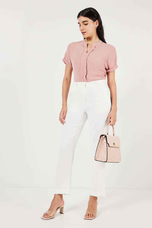 Solid-Polyester-Collared-Women-s-Top