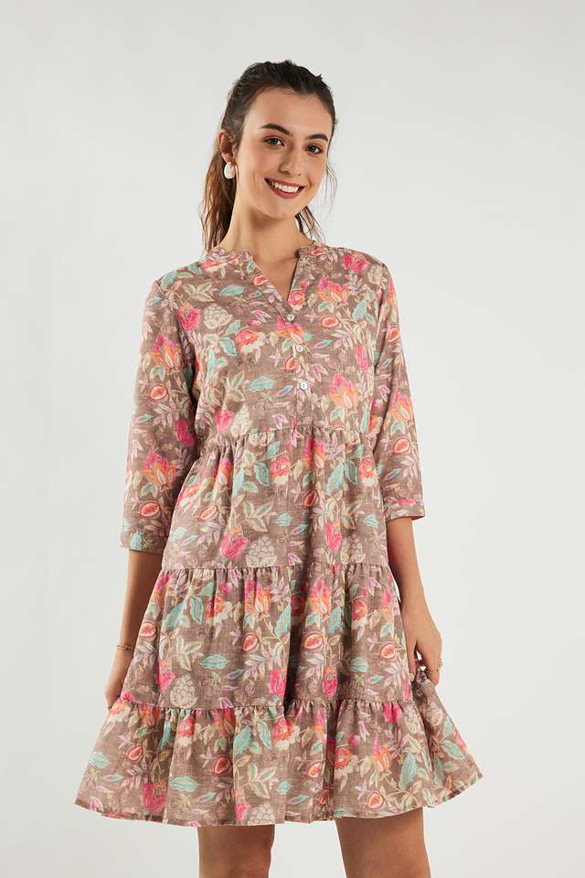 Printed-Linen-V-Neck-Women-s-Knee-Length-Dress
