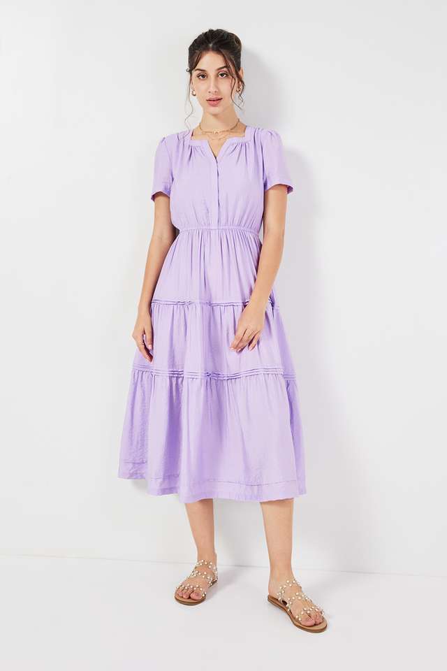 Solid-V-Neck-Viscose-Women-s-Calf-Length-Dress