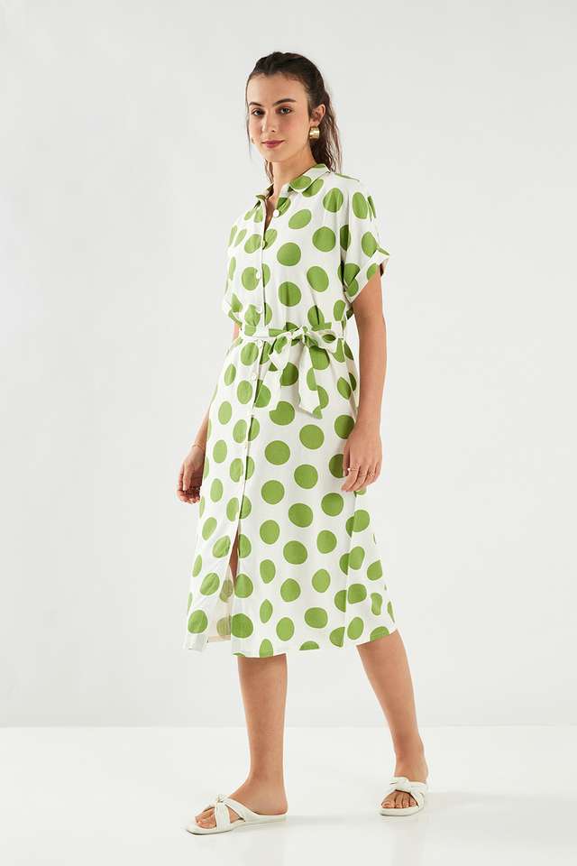 Polka-Dots-Blended-Fabric-Collared-Women-s-Midi-Dress