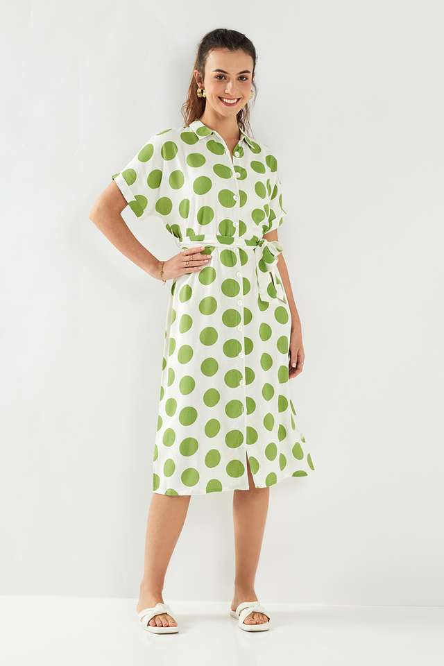 Polka-Dots-Blended-Fabric-Collared-Women-s-Midi-Dress