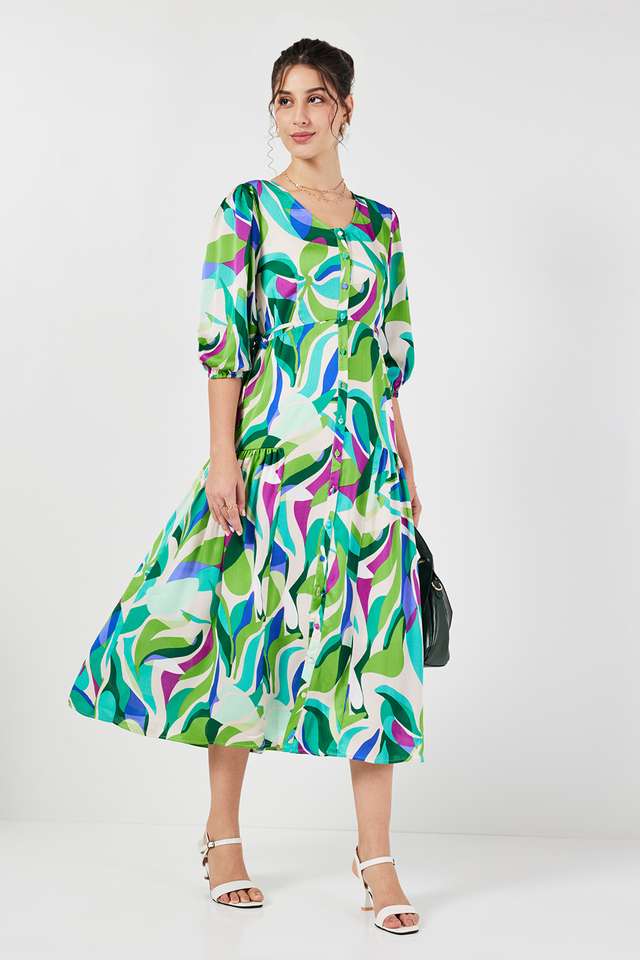 Printed-V-Neck-Polyester-Women-s-Calf-Length-Dress
