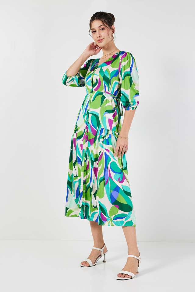 Printed-V-Neck-Polyester-Women-s-Calf-Length-Dress