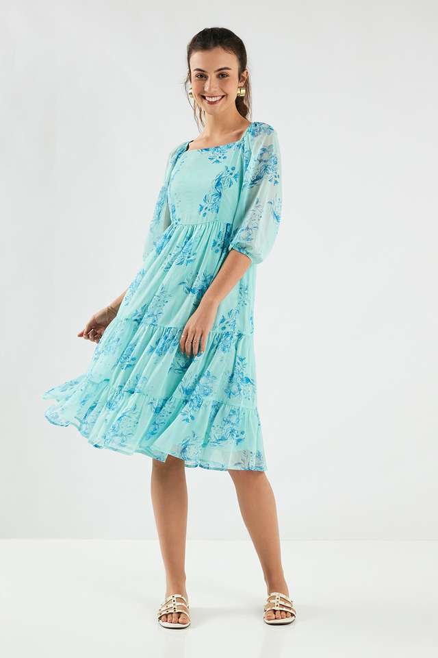 Printed-Blended-Fabric-Square-Neck-Women-s-Midi-Dress