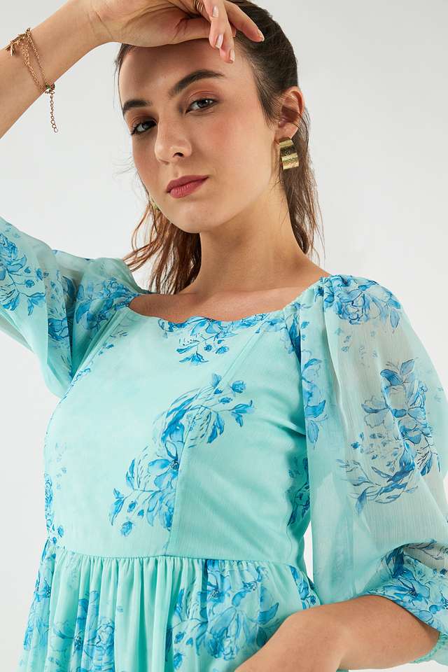 Printed-Blended-Fabric-Square-Neck-Women-s-Midi-Dress