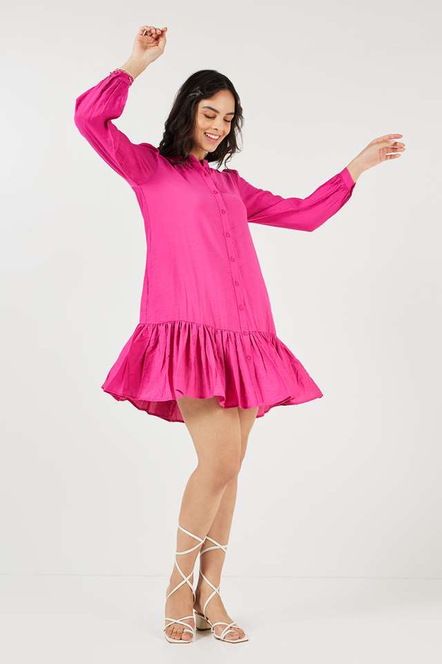 Solid-Round-Neck-Blended-Fabric-Women-s-Dress