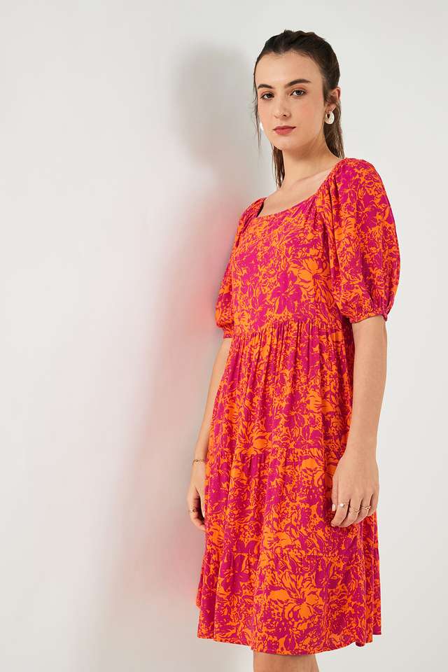 Printed-Blended-Fabric-Square-Neck-Women-s-Knee-Length-Dress